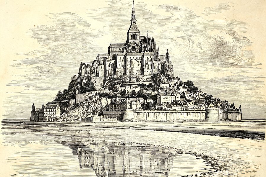 Il Mont Saint-Michel che emerge dalla baia con l'abbazia sulla sommità