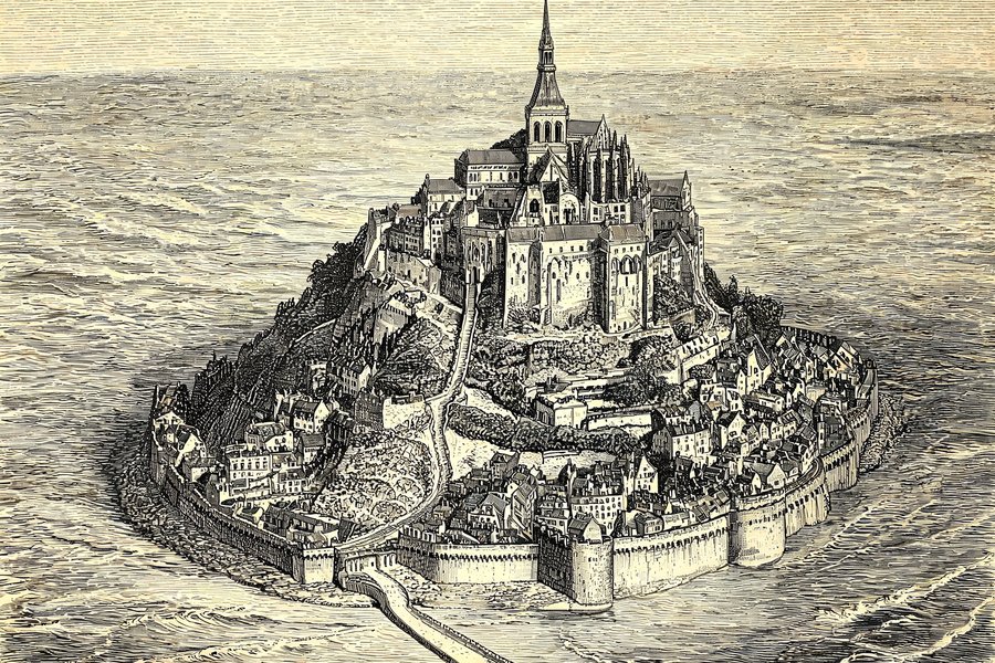 Veduta dall'alto del Mont Saint-Michel con mura, borgo e abbazia