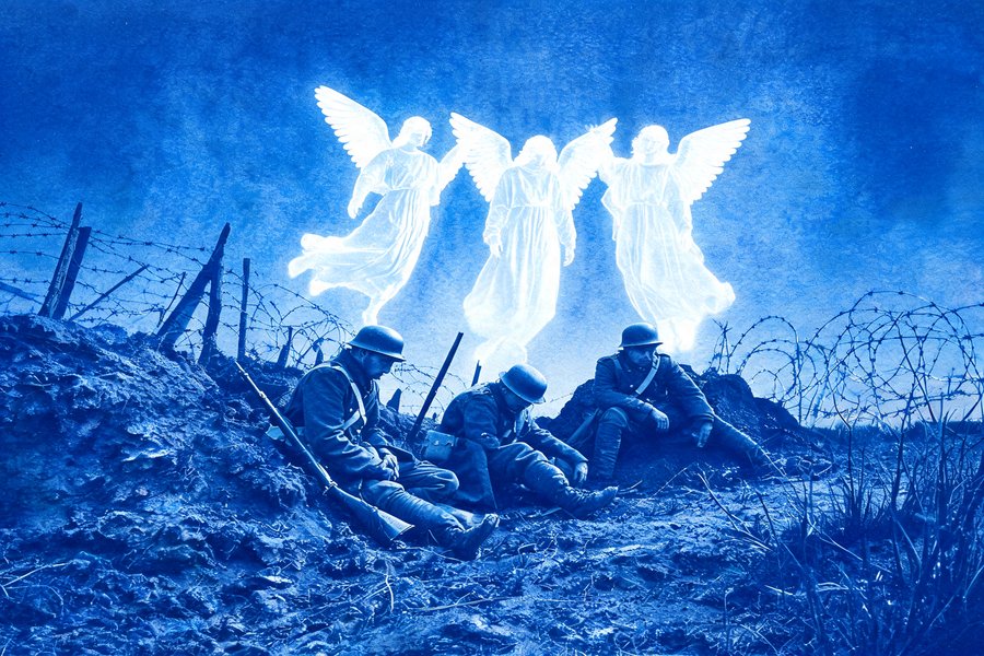 Angeli luminosi spettrali sospesi sopra soldati stremati della Prima Guerra Mondiale