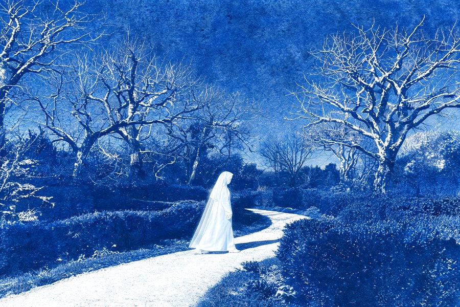 La monaca spettrale di Borley che cammina lungo il sentiero del giardino tra alberi spogli