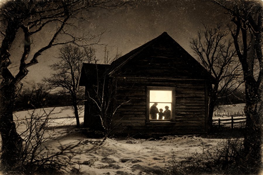La casa di legno delle sorelle Fox a Hydesville di notte, con la finestra illuminata e i misteriosi colpi