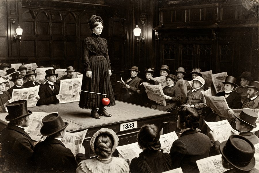 Margaret Fox su un palco mostra il trucco della mela legata a una corda davanti al pubblico nel 1888