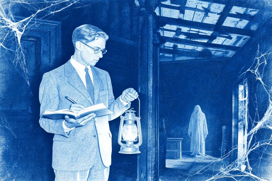 Il ricercatore psichico Harry Price indaga con taccuino e lanterna una stanza buia della canonica