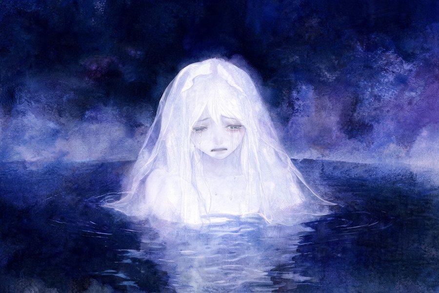 Spettro della Llorona con velo bianco che piange in riva all'acqua scura