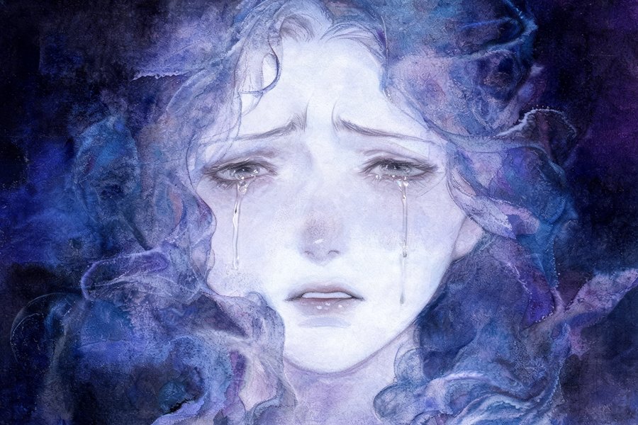 Volto spettrale della Llorona rigato di lacrime, espressione di lutto eterno