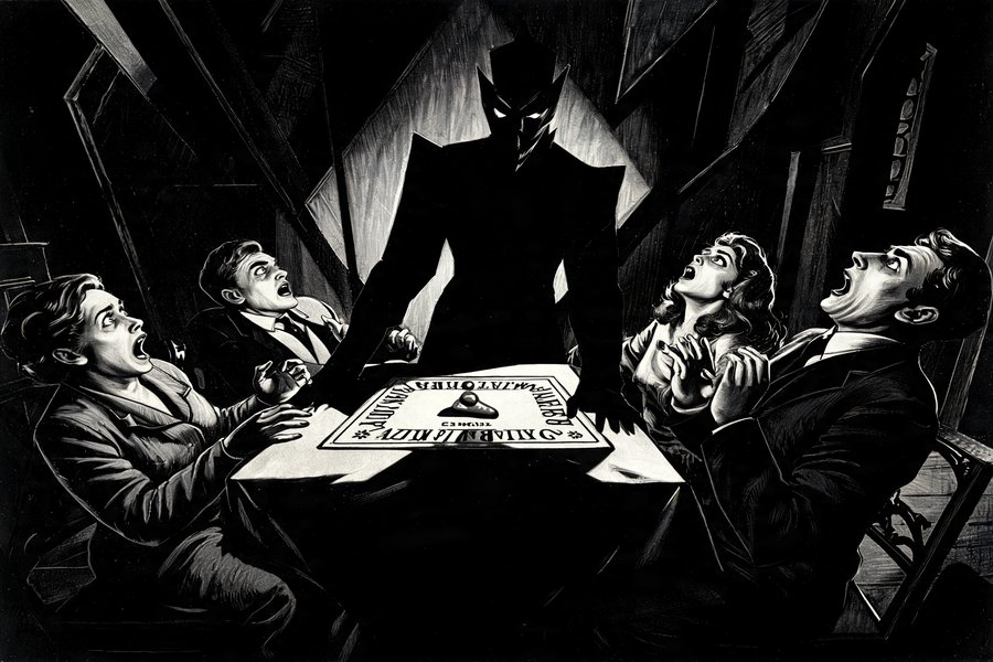 Gruppo spaventato a una seduta notturna mentre un'ombra minacciosa incombe sulla tavola Ouija