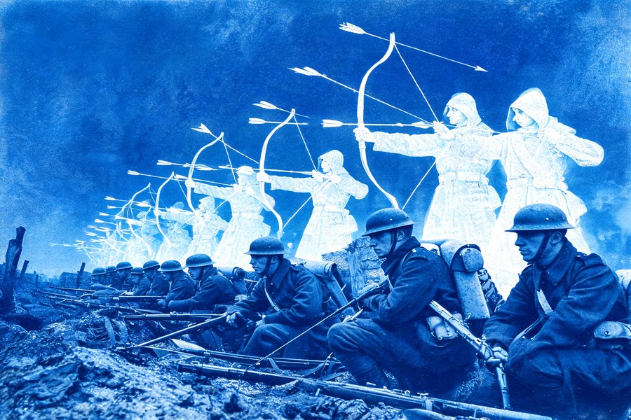 Arcieri medievali spettrali scagliano frecce fantasma sopra le truppe della Prima Guerra Mondiale