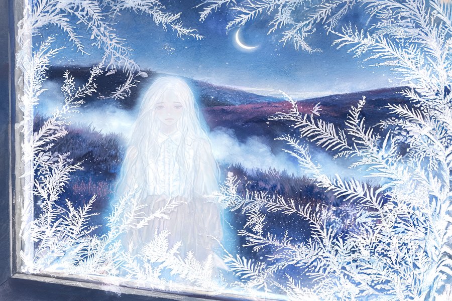 Il fantasma di Catherine che appare alla finestra ghiacciata di Wuthering Heights: acquerello gotico con luce lunare e nebbia della brughiera