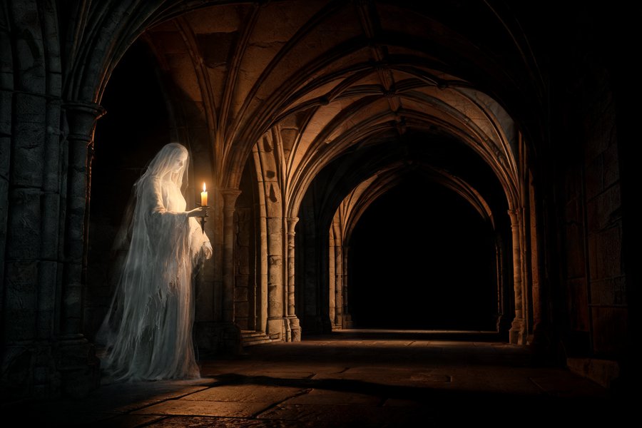 Corridoio notturno di un convento gotico con figura spettrale e candela: il soprannaturale esplicito ne Il Monaco di Lewis