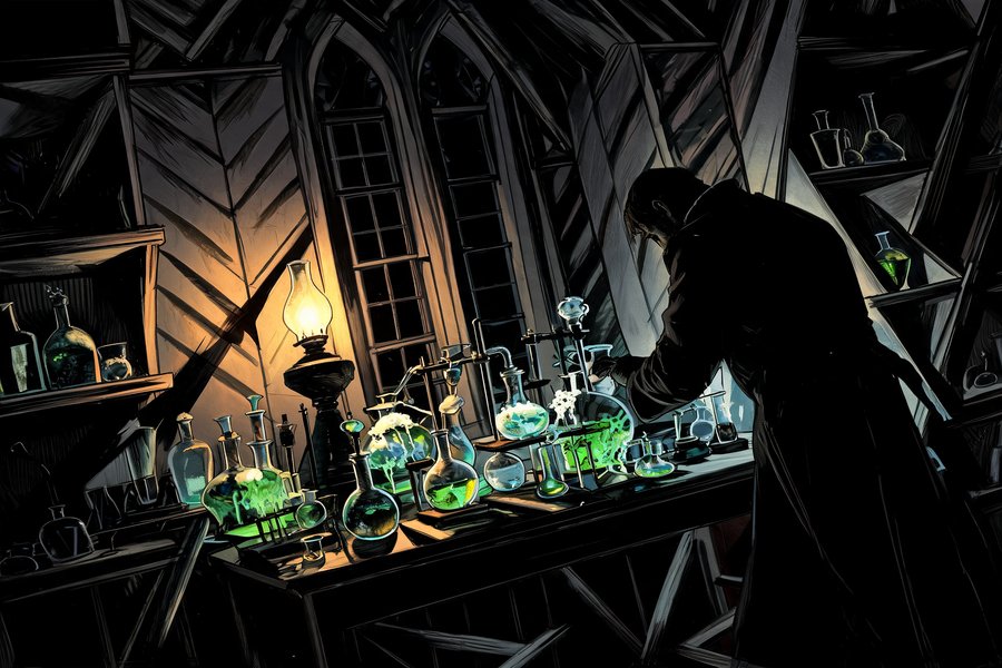 Il laboratorio vittoriano del dottor Jekyll con alambicchi e formule chimiche: la scienza come nuovo strumento del gotico in stile espressionista