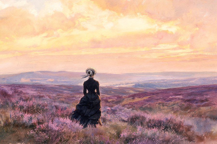 Una giovane vittoriana cammina sola sulla brughiera dello Yorkshire al tramonto: il paesaggio poetico di Emily Brontë in acquerello romantico