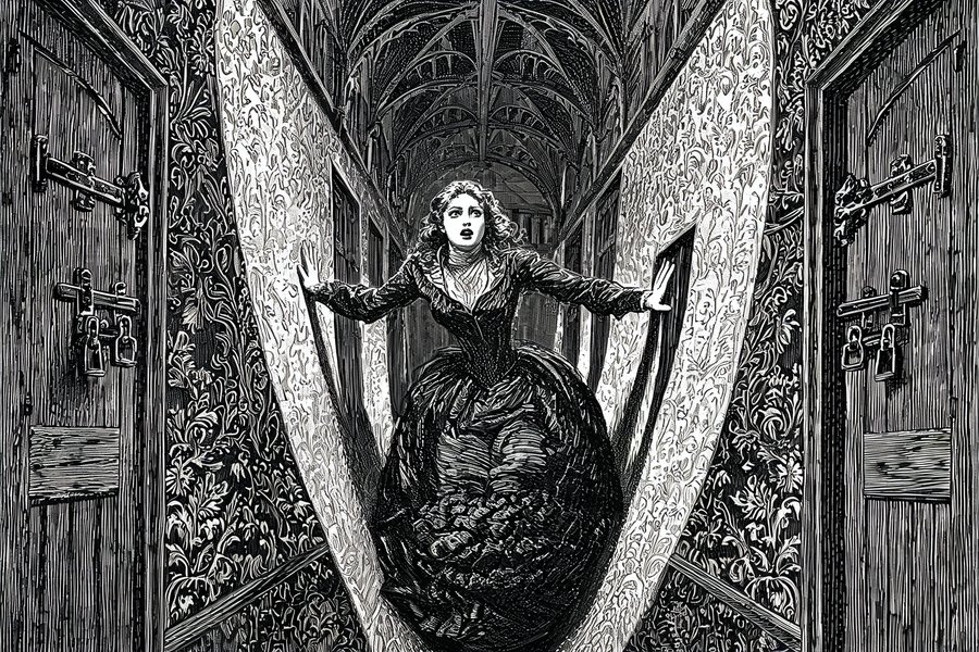 Una donna intrappolata nel corridoio labirintico di una villa gotica vittoriana con porte chiuse a chiave: il Female Gothic come metafora della prigionia domestica in stile incisione