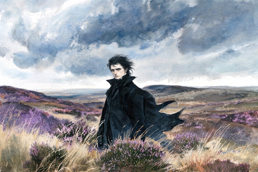 Heathcliff, il Byronic hero di Cime Tempestose, solitario sulla brughiera ventosa: acquerello romantico con nuvole tempestose e erica viola