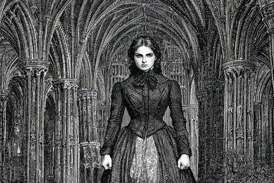 Una giovane donna vittoriana in posa fiera e decisa in una sala gotica: Jane Eyre come eroina ribelle e protagonista attiva nel romanzo gotico in stile incisione