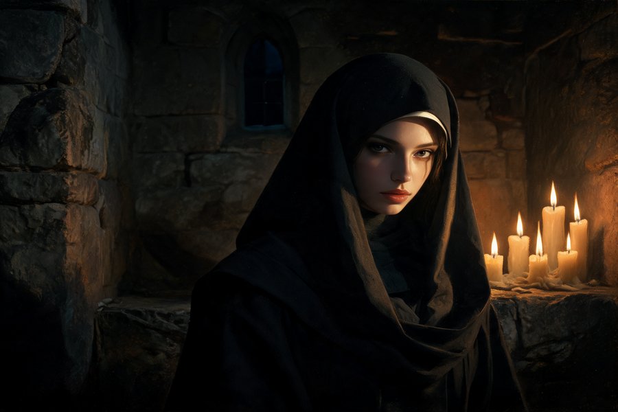 Matilda travestita da monaco in una cella conventuale: la tentatrice del romanzo gotico di Matthew Lewis in drammatico chiaroscuro