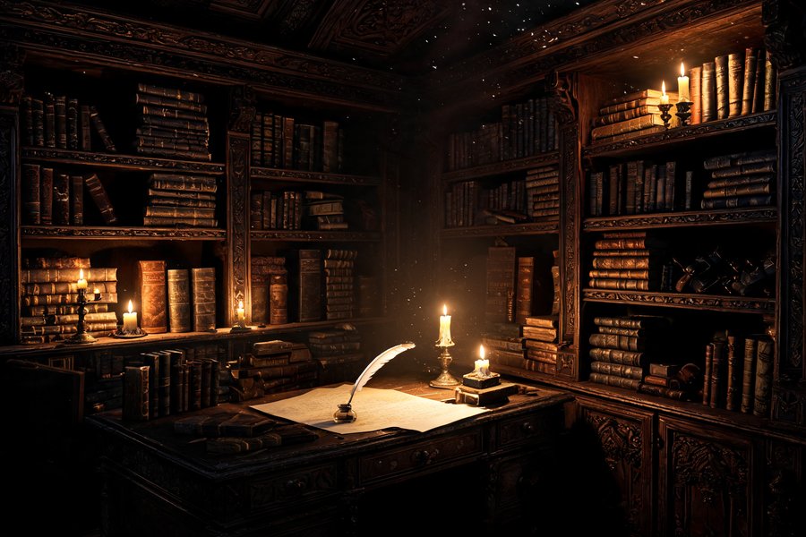 Studio gotico con libri proibiti e pergamene al lume di candela: l'atmosfera del romanzo gotico scandaloso di Matthew Lewis nel Settecento georgiano