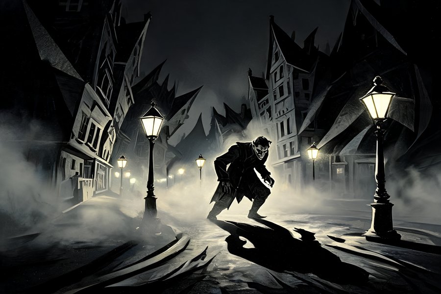 Mr Hyde nella Londra vittoriana notturna e nebbiosa: figura minacciosa con architetture distorte in stile espressionismo tedesco