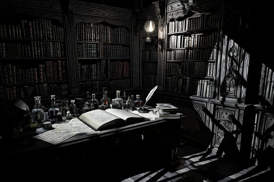 Studio vittoriano con libri proibiti e manoscritti scientifici in stile espressionismo: l'atmosfera di conoscenza oscura nel romanzo di Stevenson
