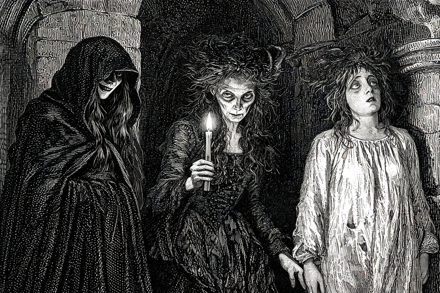 Tre figure femminili sinistre in un paesaggio gotico: la villana, la strega e la pazza nel romanzo gotico vittoriano in stile incisione Gustave Doré