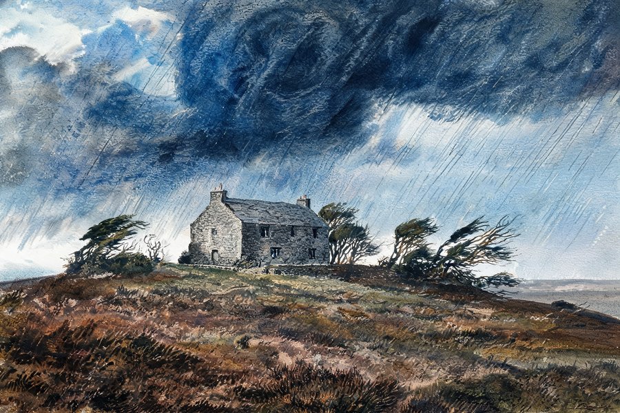 Wuthering Heights, la casa sulla brughiera dello Yorkshire durante una tempesta: acquerello romantico con cielo drammatico e paesaggio desolato
