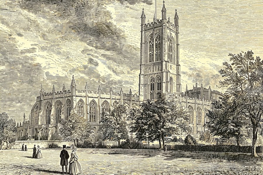 La cattedrale di Gloucester con la grande torre centrale perpendicolare, illustrazione in stile incisione