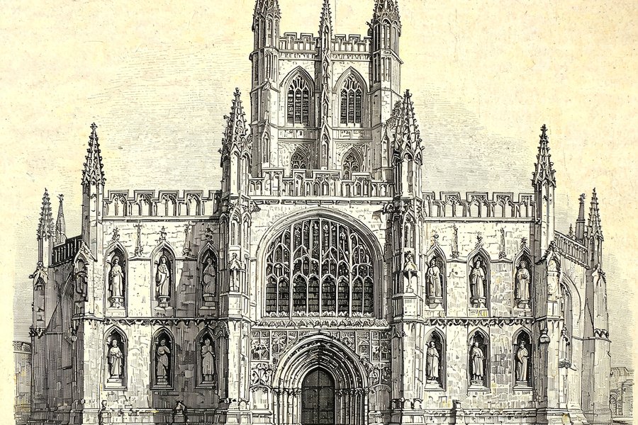 Il portale sud della cattedrale di Gloucester con nicchie, statue e pinnacoli, illustrazione in stile incisione