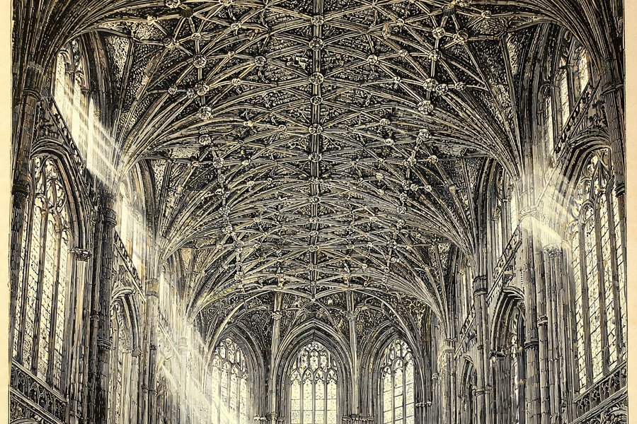 La volta a liernes del coro della cattedrale di Gloucester, illustrazione in stile incisione