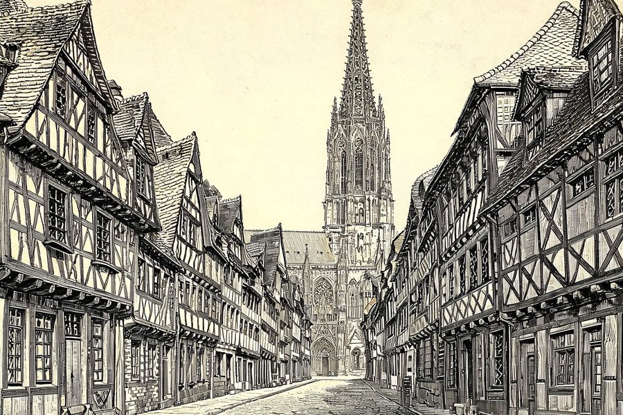 La guglia della cattedrale di Strasburgo tra le case a graticcio