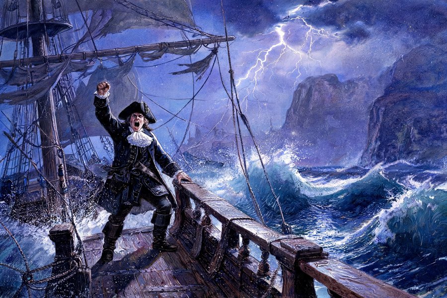 Il capitano dell'Olandese Volante sfida la tempesta al largo del Capo di Buona Speranza