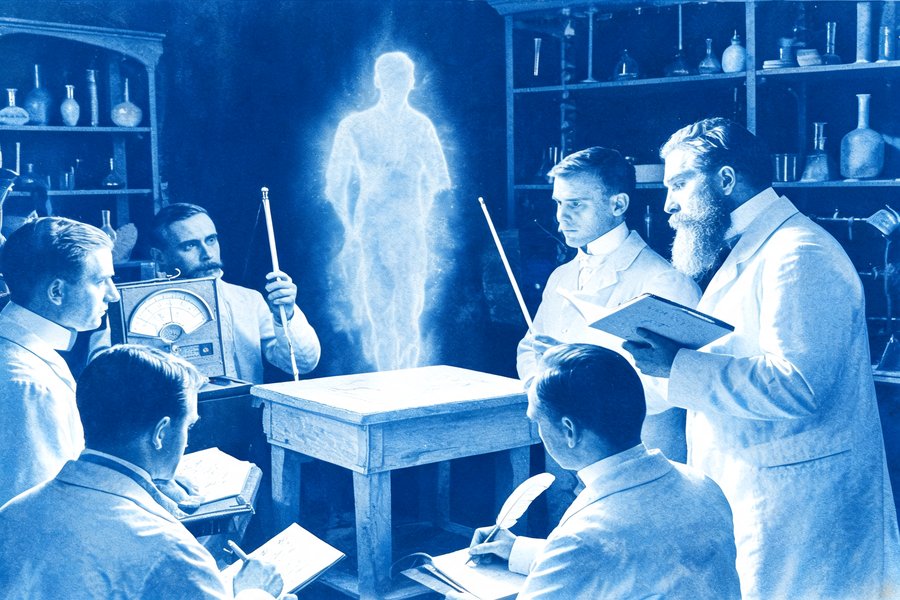 Cesare Lombroso e altri scienziati esaminano una seduta spiritica con strumenti