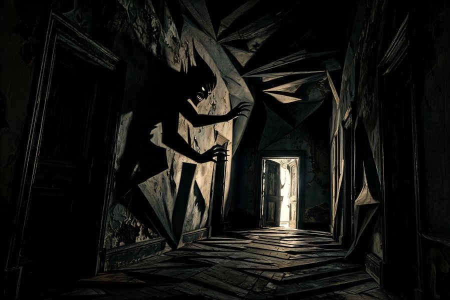 Corridoio buio di una casa infestata con un'ombra minacciosa, atmosfera da film The Conjuring