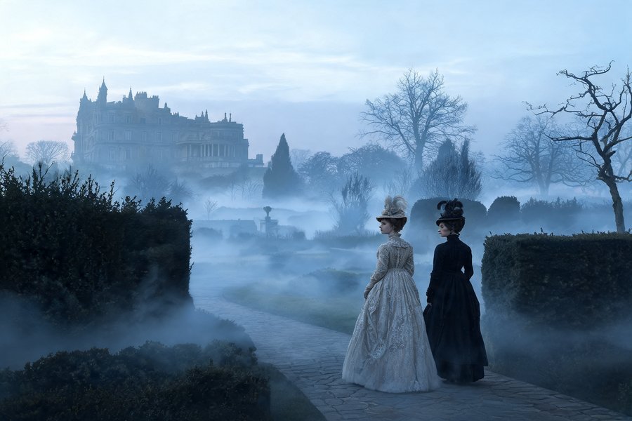 Due donne edoardiane in abiti lunghi camminano nei giardini silenziosi e irreali del palazzo