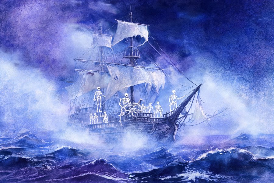 Vascello fantasma con equipaggio spettrale che emerge dalla fitta nebbia marina