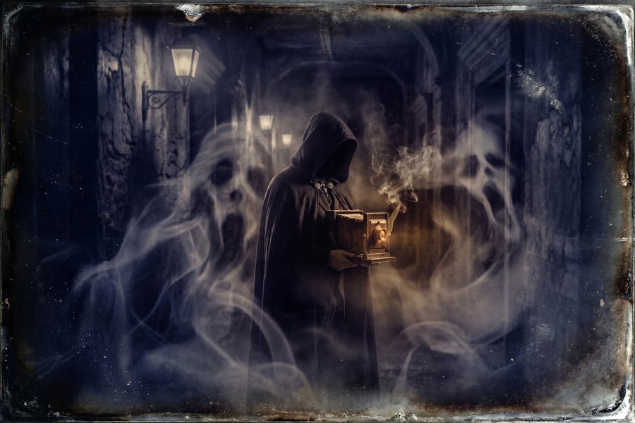 Ghost hunter con spirit box in un corridoio vittoriano abbandonato alla ricerca di voci paranormali