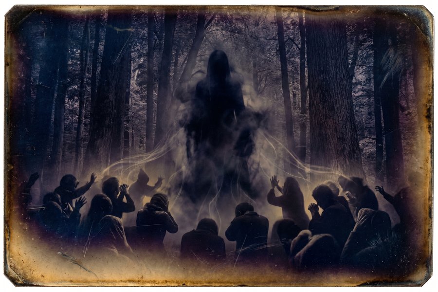 Il Tulpa collettivo: figura oscura senza volto evocata dalla paura collettiva di una folla nella foresta notturna