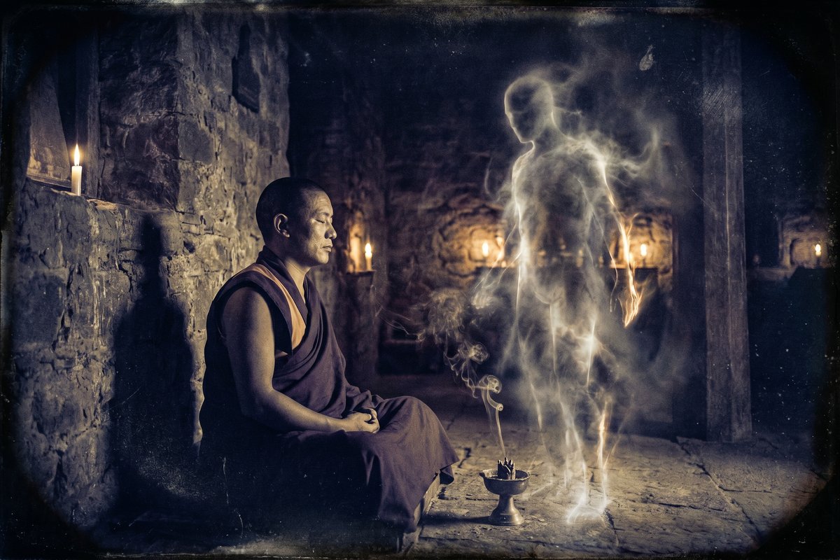 Tulpa: monaco tibetano in meditazione che materializza un'entità dal pensiero in un monastero himalayano