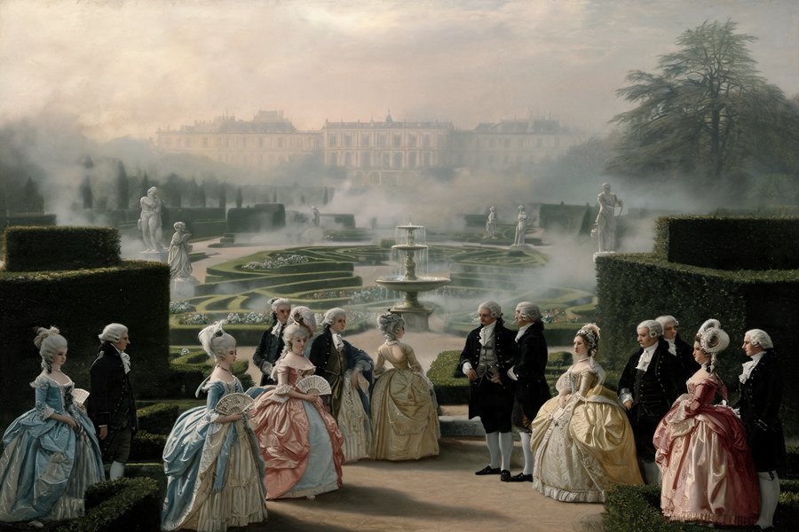 Persone in costumi del Settecento a una festa onirica nei giardini di Versailles, tableau vivant