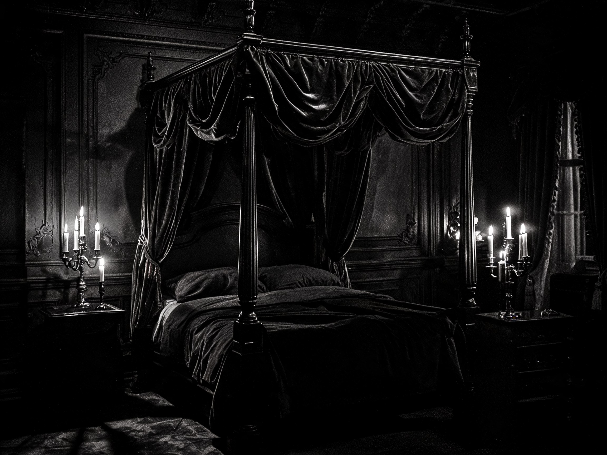 Camera da letto gotica con letto a baldacchino e tende in velluto nero drappeggiate, fotografia noir cinematografica