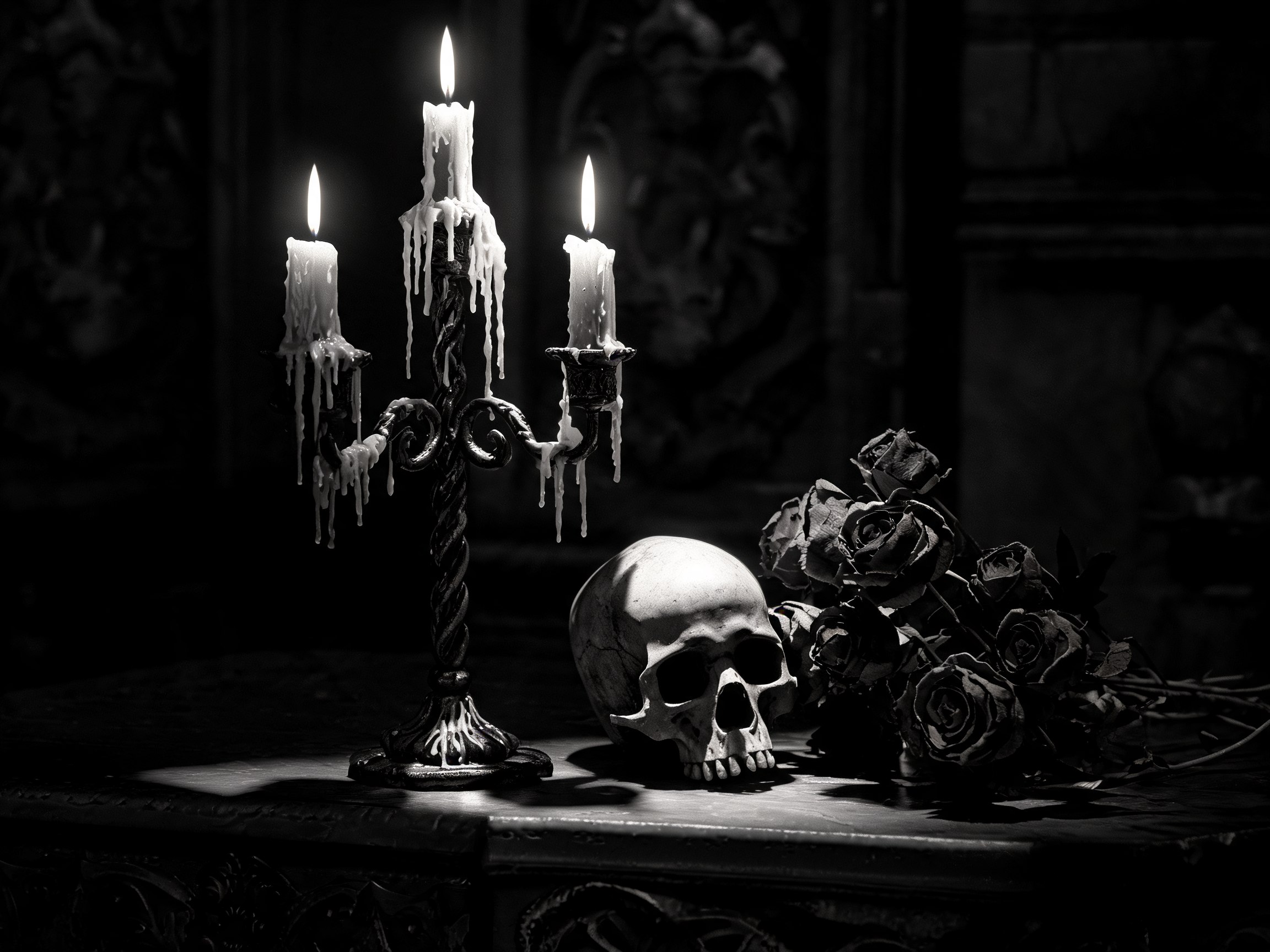 Dettagli di arredamento gotico in primo piano: candelabri in ferro, teschi decorativi e rose nere essiccate, fotografia noir drammatica
