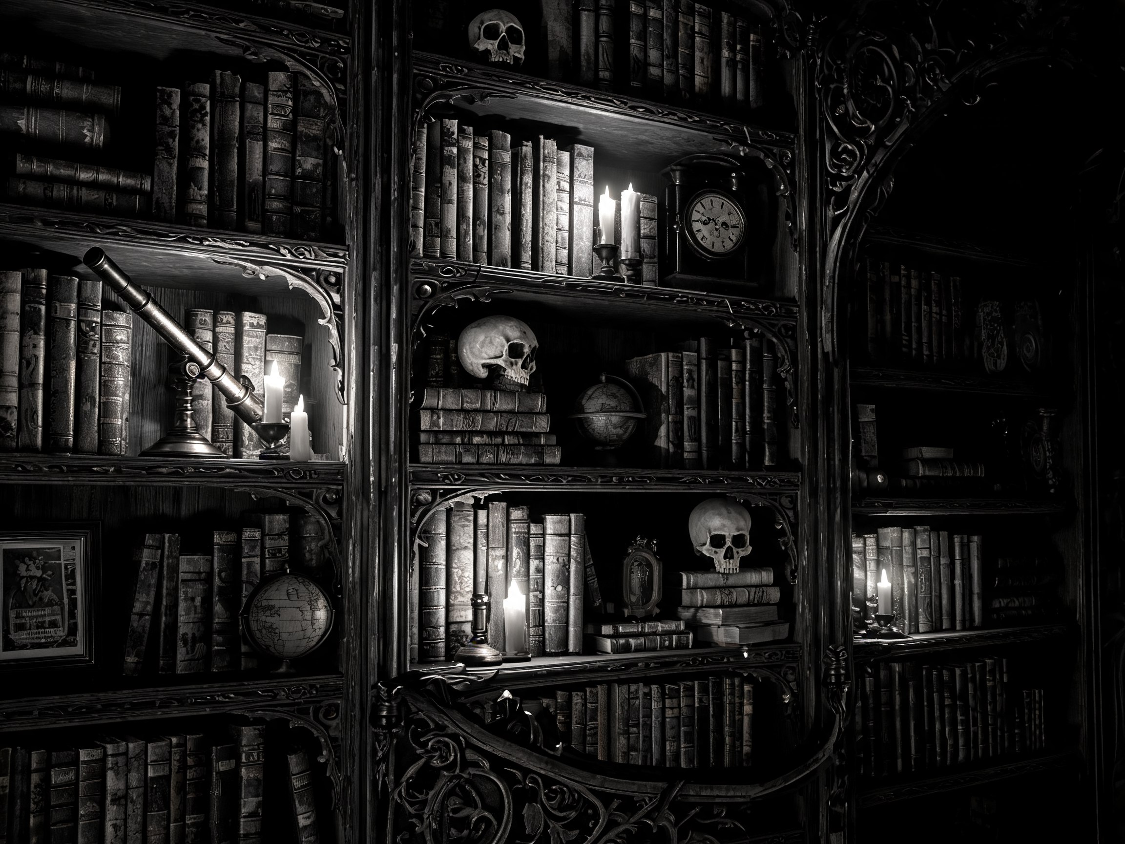 Libreria gotica in legno scuro con libri rilegati, teschi decorativi, candelabri e oggetti antichi, fotografia noir ad alto contrasto