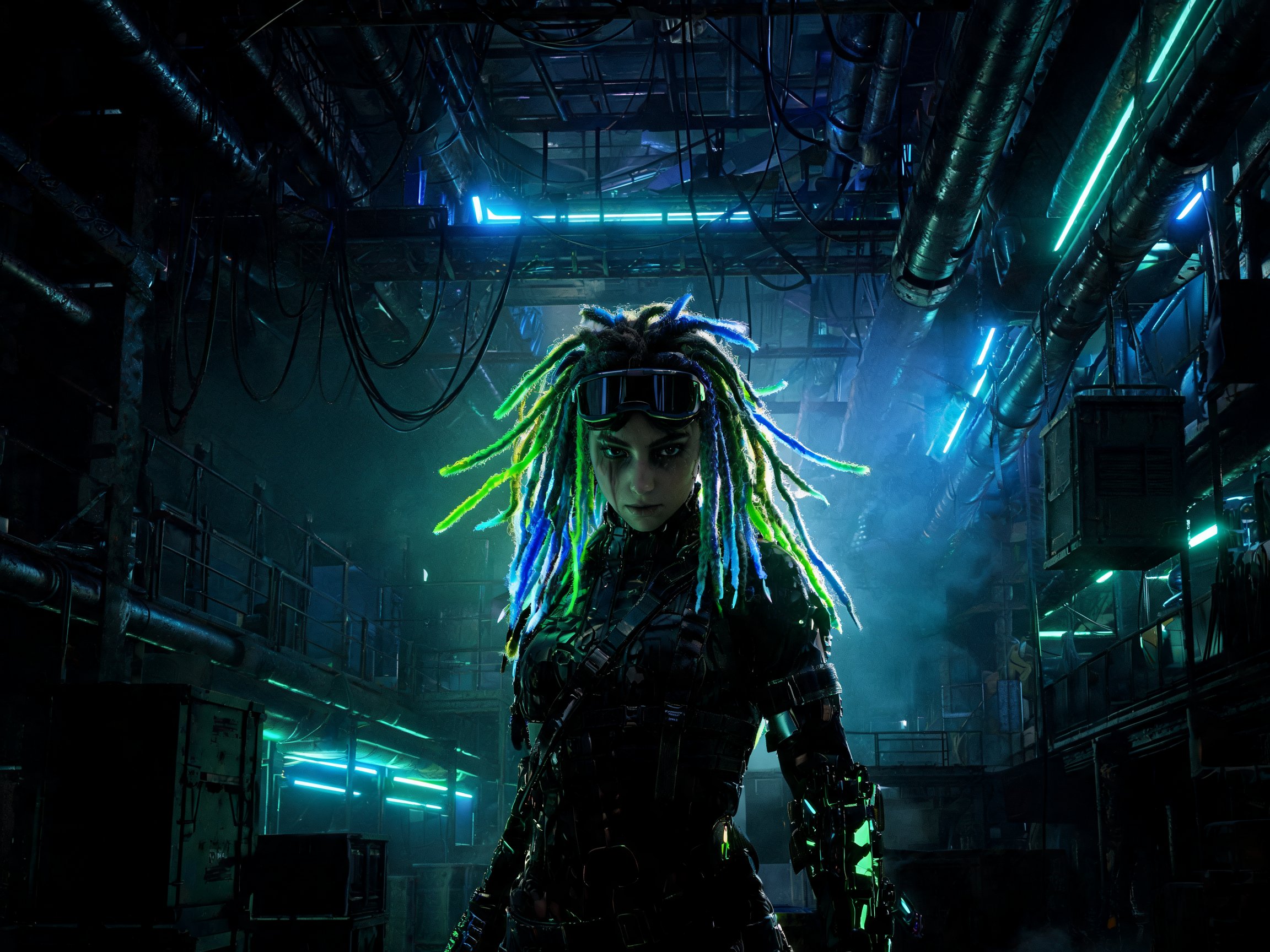 Cybergoth con dreads neon, occhiali UV e abiti in PVC, estetica dark futuristica