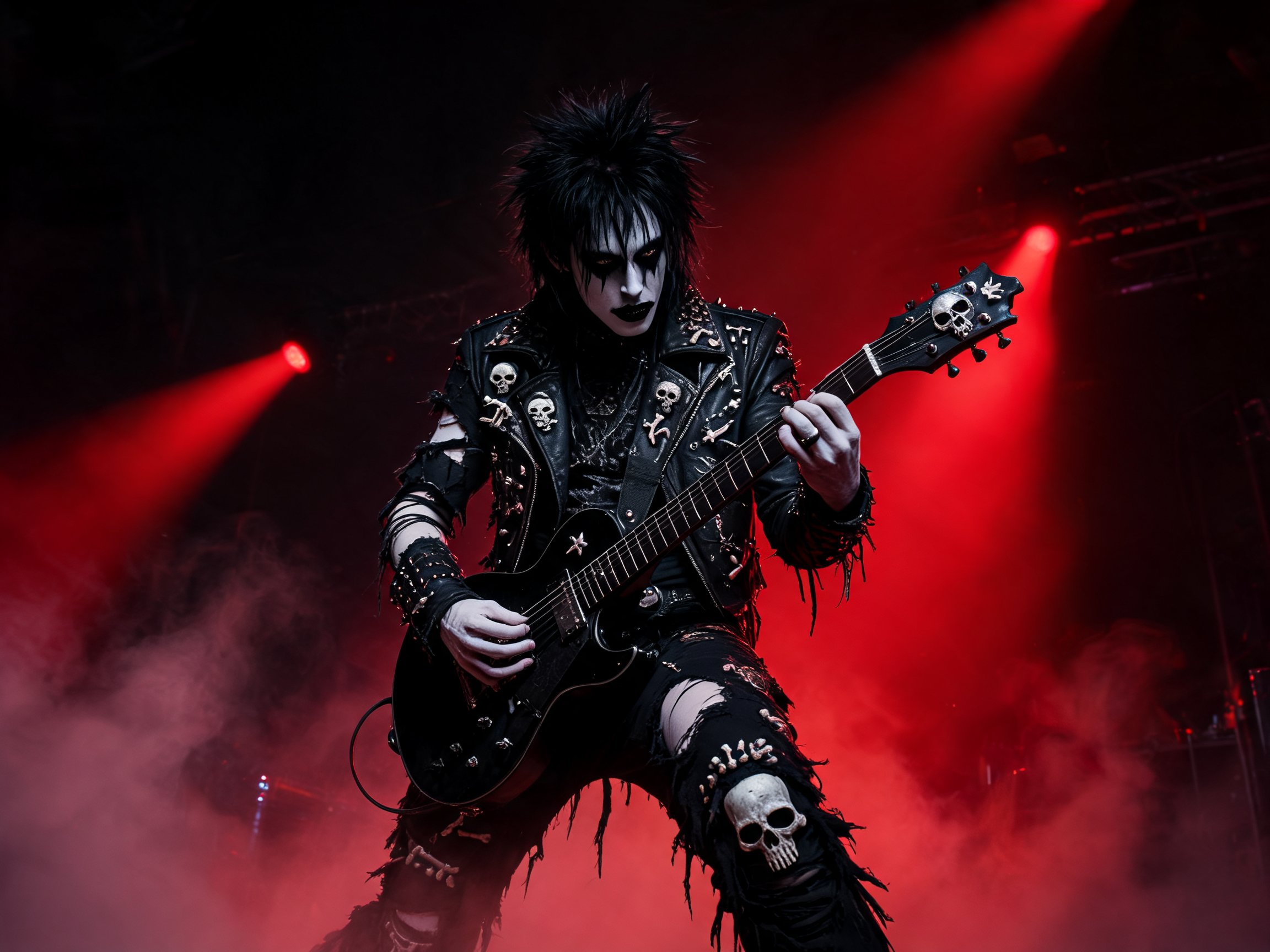 Scena gothic rock anni Ottanta, atmosfera Batcave London, dark fantasy cinematografico