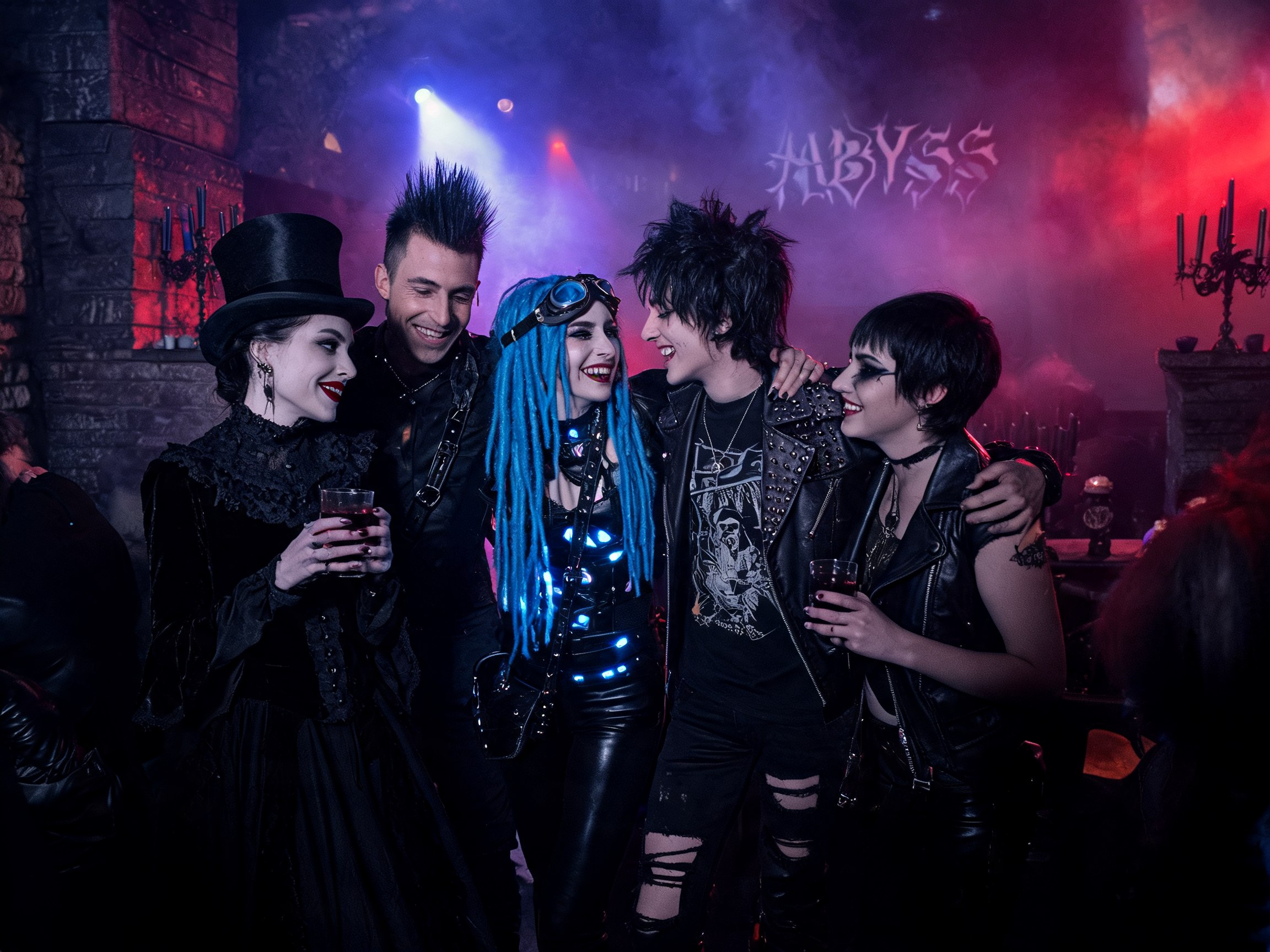Gruppo di persone goth alla scena con diversità di stili e sottogeneri, dark fantasy cinematografico drammatico
