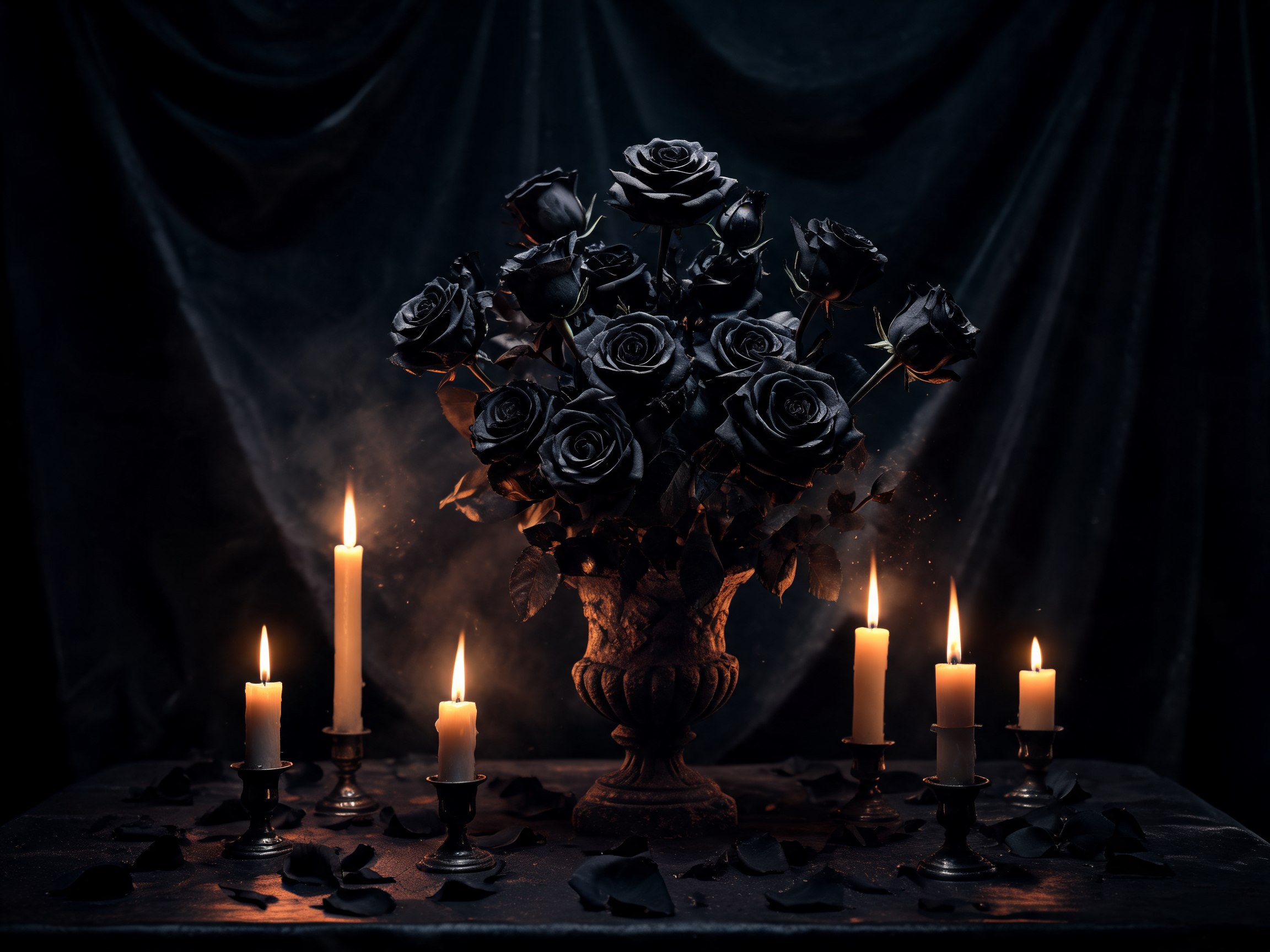 Espressione artistica gotica contemporanea, set fotografia dark con candele e rose nere, dark fantasy cinematografico