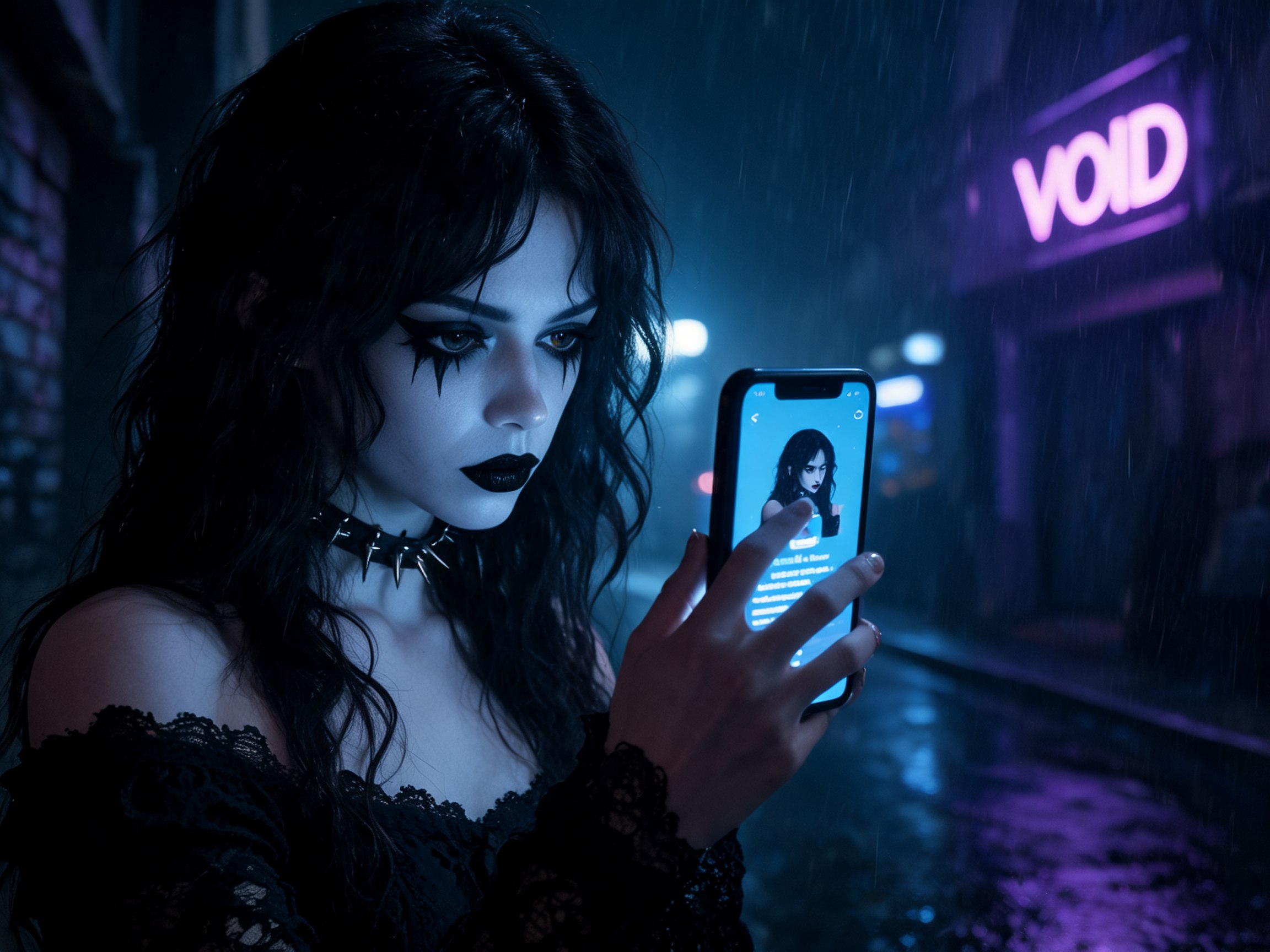 Persona goth che usa smartphone con contenuti dark sui social media, dark fantasy cinematografico contemporaneo