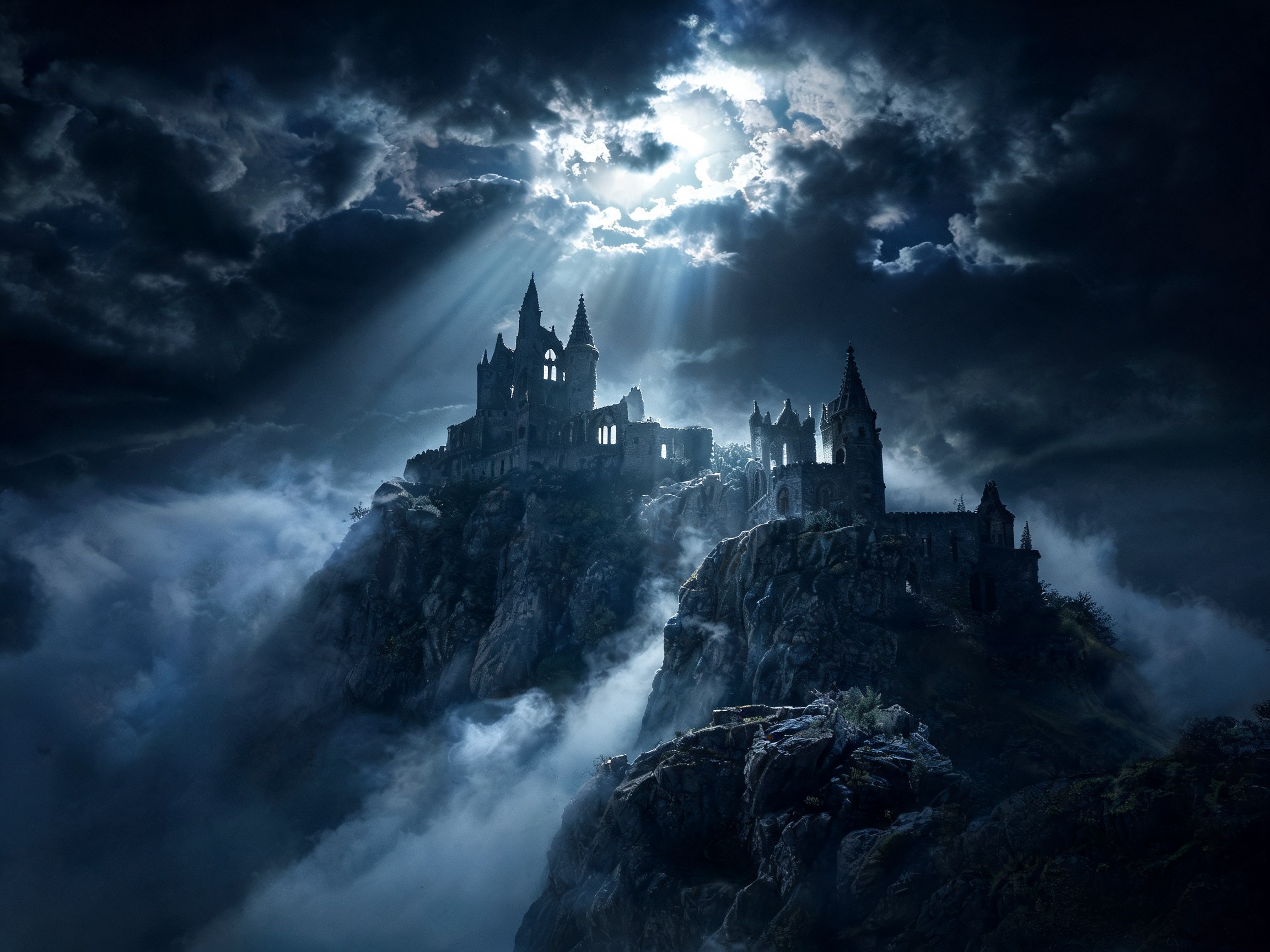 Castello gotico in rovina immerso nella nebbia notturna, atmosfera cinematografica dark fantasy drammatica