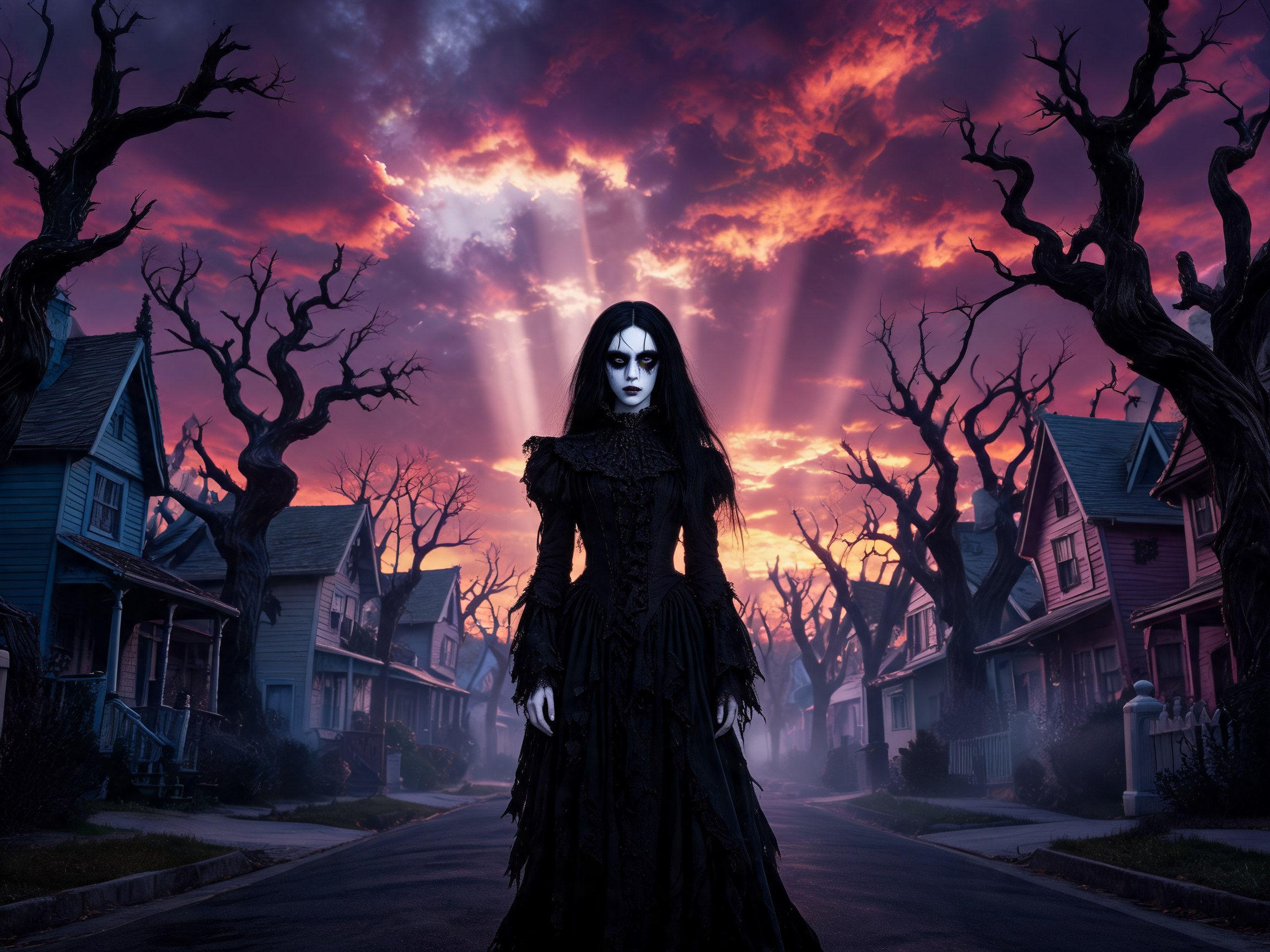 Scena dark fantasy cinematografica con personaggio vampirico in abiti gotici vittoriani, luce drammatica e atmosfera romantica oscura
