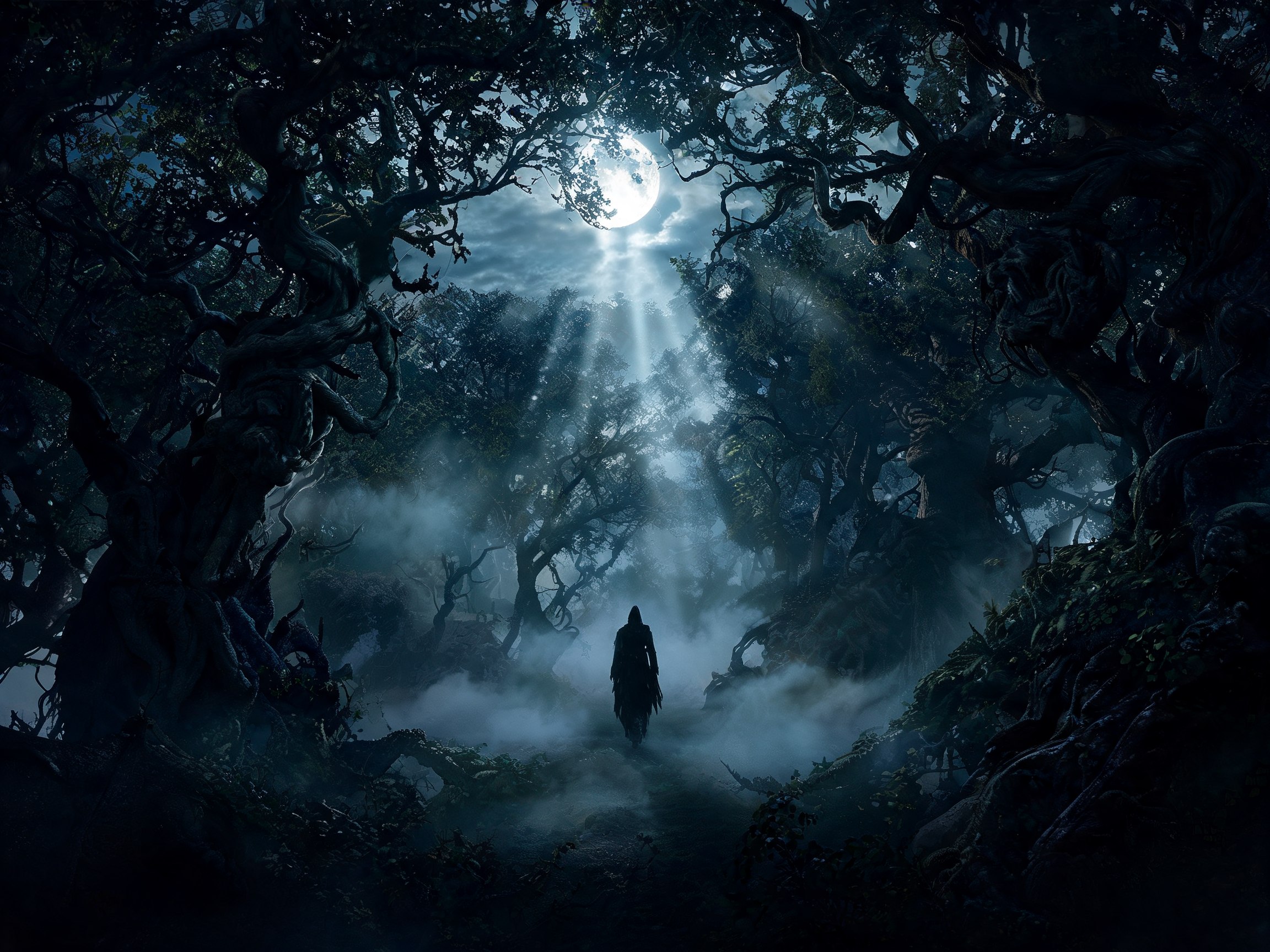 Paesaggio gotico dark fantasy con bosco notturno nebbia e luna, qualità cinematografica drammatica e atmosferica