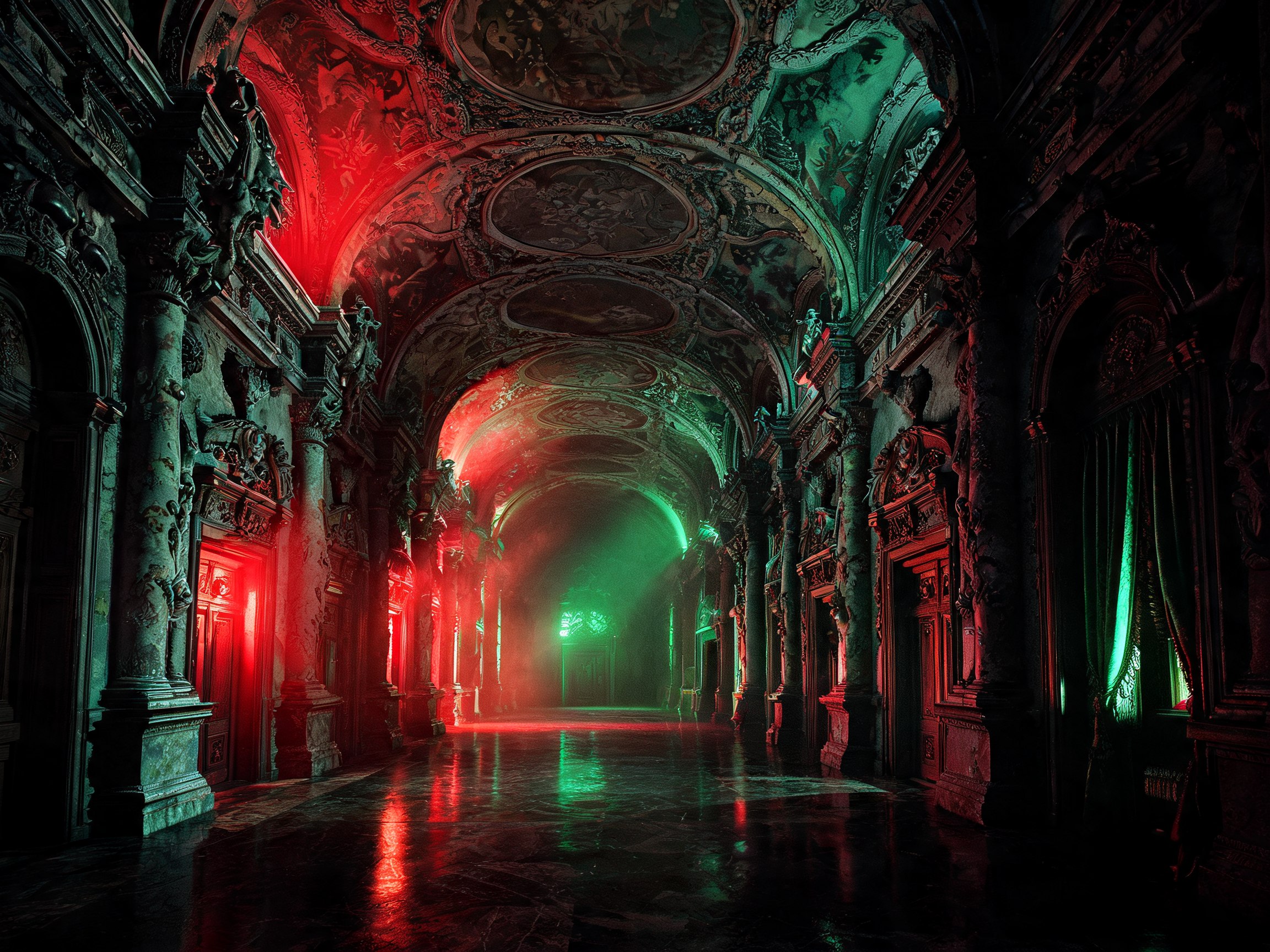 Figura gotica solitaria in una dimora vittoriana decadente, luce chiaroscurale drammatica, atmosfera dark cinematografica