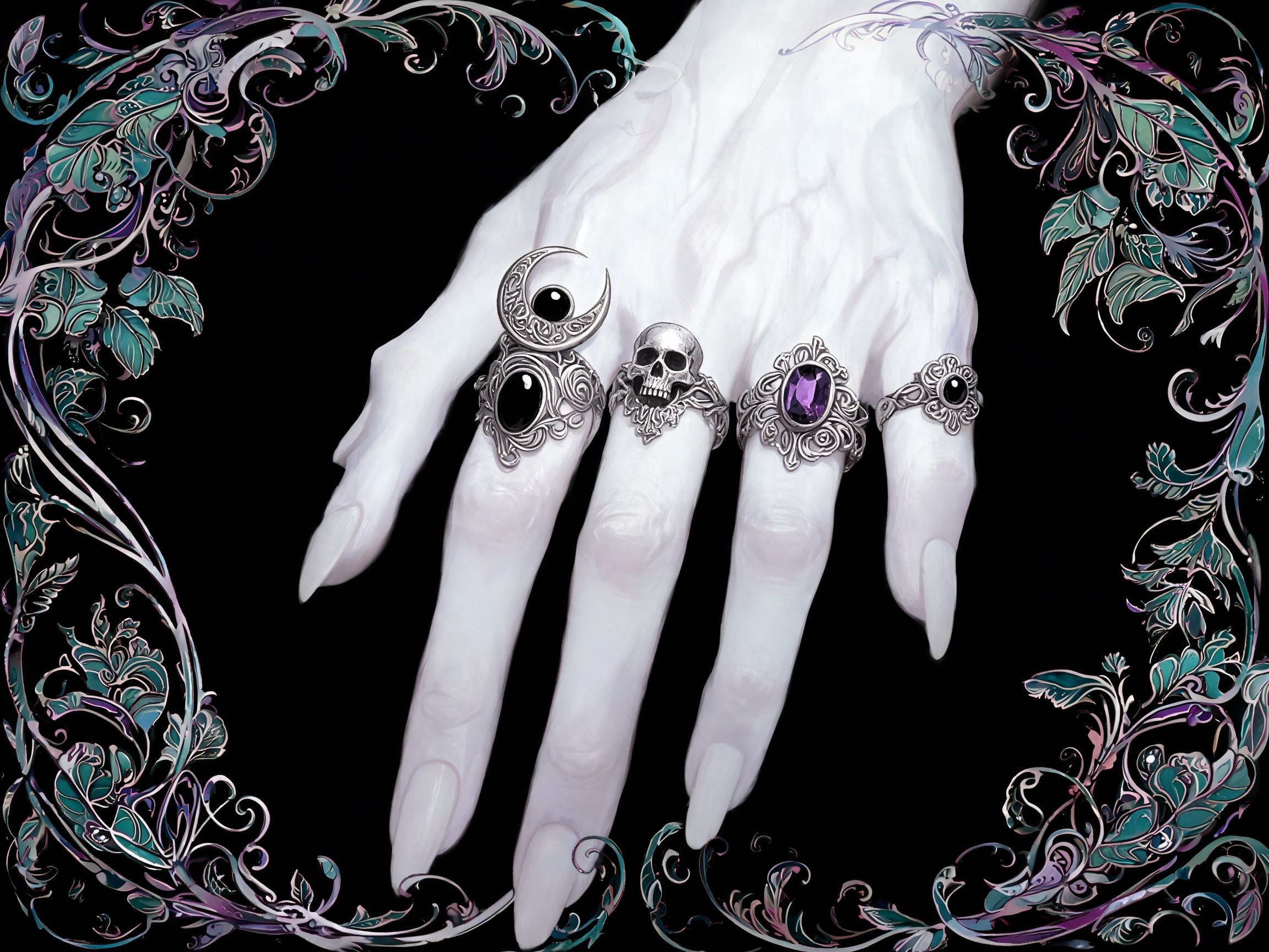 Mano pallida con multipli anelli gotici in argento con pietre scure e simboli dark, stile Art Nouveau decorativo